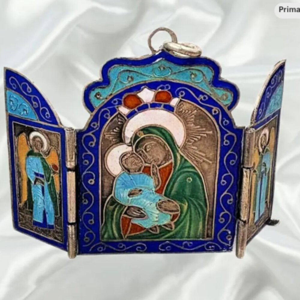 Vintage Virgin Mary 19th century Russian Silver traveling folding mini ICON
